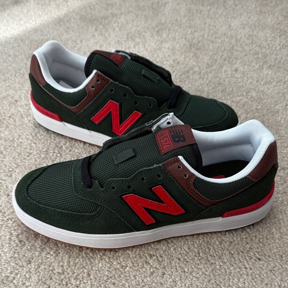 New Balance 574 Forest Green and Red Sneakers